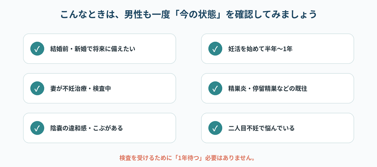こんなときは、男性も一度「今の状態」を確認してみましょう。・結婚前、新婚で将来に備えたい・妻が不妊治療、検査中・陰嚢の違和感、こぶがある・妊活を始めて半年~1年・精嚢炎、停留精巣などの既往・二人目不妊で悩んでいる